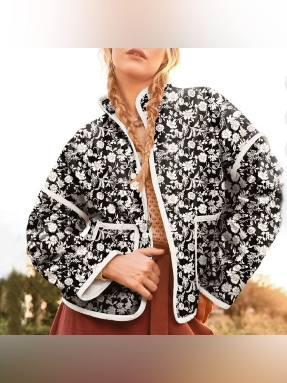Women's Floral Quilted Jacket with Contrast Trim - Black & White